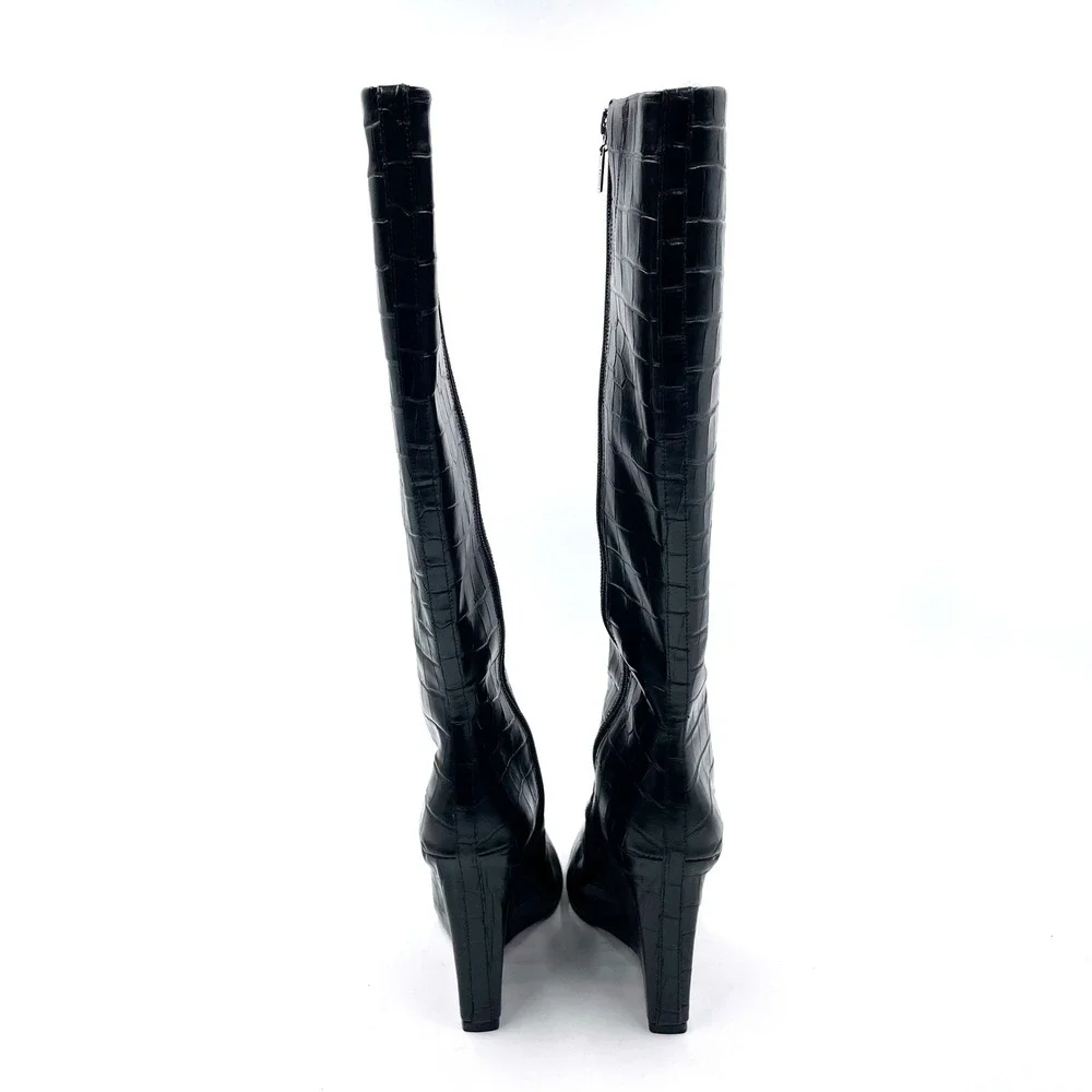 Schutz‎ Asya Up Boots Black Croc Embossed Leather Knee High Wedge Sz 8.5 WIDE